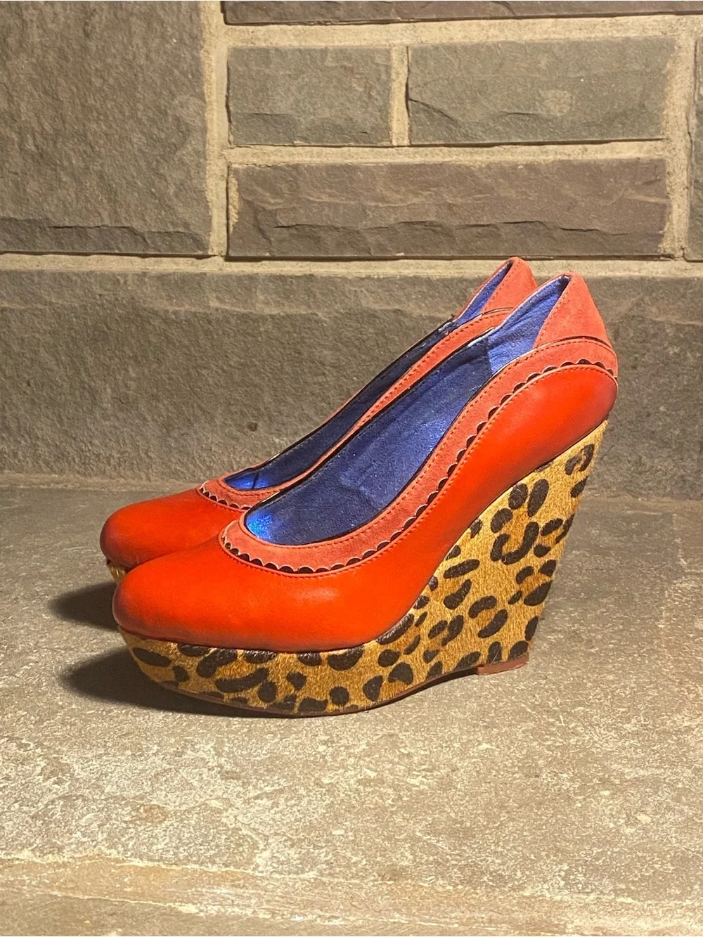 Irregular Choice Body Love platform wedges,red leather,leopard faux fur,in box,7